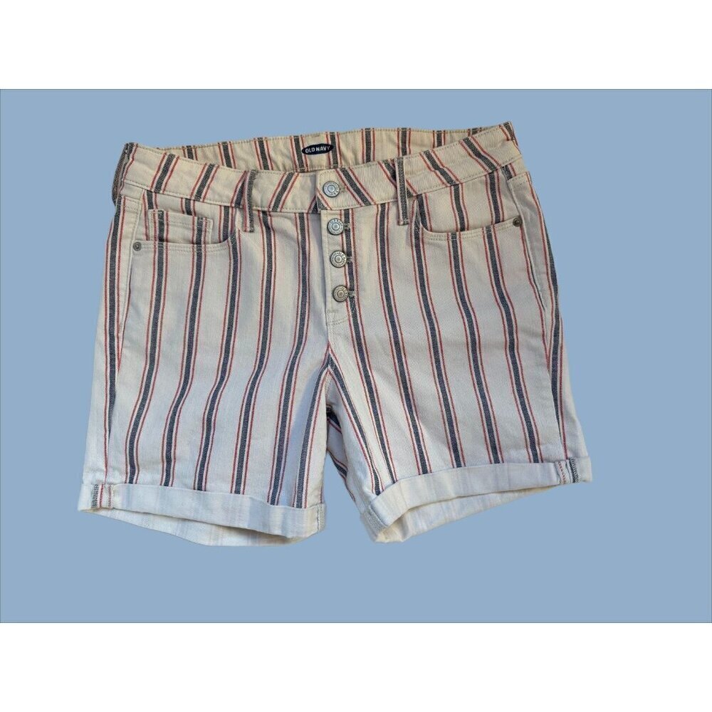 Old Navy American Denim Cuffed Shorts 5 Pkt Cream Gray Red stripe Size 10 July 4